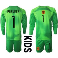 Otroški Nogometni dresi Nizozemska Remko Pasveer #1 Vratar Domači SP 2022 Dolgi Rokav (+ Kratke hlače)